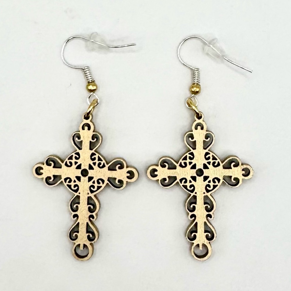 Handcrafted Gold Colored Wood Lightweight Gothic Filigree Cross Dangle Earrings